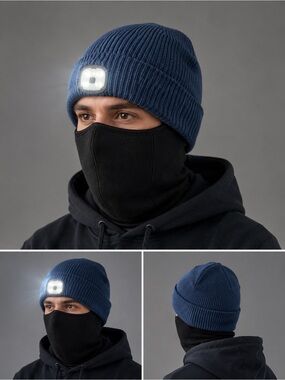 Men’s LED Light Beanie & Face Mask Set | Rechargeable Winter Hat